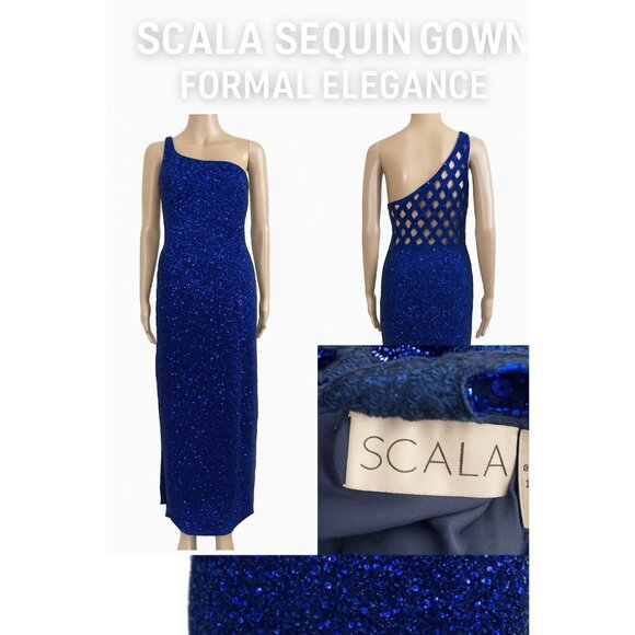 1990s Scala Royal Blue Sequin One Shoulder Gown Open Back Evening Dress Sz M - Picture 2 of 16